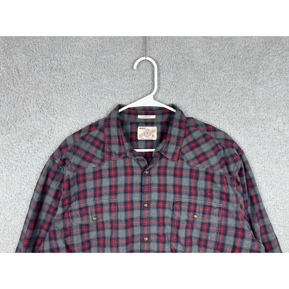 Lucky Brand Shirt XL Gray Red Plaid Pearl Snap Western Cowboy Flannel Button‎ Up